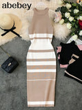 summer women's hanging neck knit long dress round neck stripes hit color waist slim slim ming knit long dress office