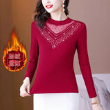 Toloer Photo # Autumn / Winter Long Sleeve And Velvet Top Women's High-End T-Shirt With A Versatile Lace Bottom Shirt-Outfit