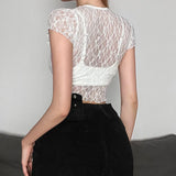 2024 Summer Fashion Trend Women's New Round Neck Short Sleeve Mesh Exposed Umbilical Repair