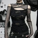 Summer New Personality Women's Wear Dark Wind Hot Girl Sexy Slim Grid Hole Long-Sleeved Top Girl-Outfit