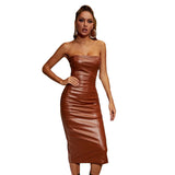 Toloer New Summer 2023 Sexy One-Line Collar Slim Show Thin Wrap Hip Skirt Slit PU Women's Dress Women-Outfit