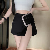 Mini Skirts Women Split Rhinestone Belt High Waist Black Slim Wrap Hip Sexy Skirt Female Streetwear Summer New 2024-Outfit
