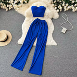 Toloer Strapless Short Top High Waist Casual Loose Wide Leg
