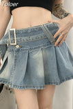 Pleated Denim Mini Skirt Women Vintage Y2k Summer Sexy Slit Belt Patchwork Low Waist Jean Skirt Casual Korean