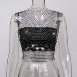Toloer Nightclub Dresses Fishnet Hollow Out Rhinestone Vest Mesh Flash Diamond Sling Top