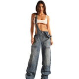 Women's Denim Cloth Jumpsuit Women's Street Multi-Pocket Strap Pants Loose Waist Straight