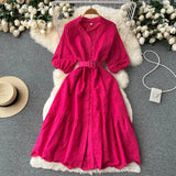 Korean Chic Elegant Pink V-neck Stitching Lace Hook Flower Waist Thin Bubble Sleeve Female Dress 2022 Summer