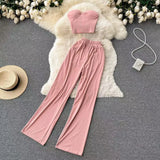 Toloer Strapless Short Top High Waist Casual Loose Wide Leg
