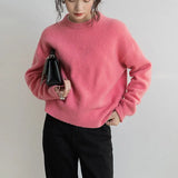 Basic O Neck Cashmere Sweater Women 2021 New Oversized Rose Red Knitted Pullovers Female Casual Thick Warm