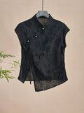 Chinese Style Cheongsam Blouse Black Jacquard Shoulder Short-Sleeved T-Shirt 2024 New Summer Vintage Blouse-Outfit