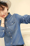 Blue Denim Shirts Women Basic Single-Breasted Vintage Fashion Turn Doen Collar Long Sleeve Tops New Summer