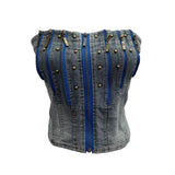 Shooting Retro Do Old Zipper Niche Vest Rivet Water Wash Denim Braid Short Open Shirt Wrapped Brae