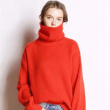 Autumn Winter Women Knited Turtleneck Cashmere Sweater Red Thick Pullover Fashionable Warm Knitwear Long Sleeve Loose