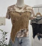Shooting Of The Edge Of The Denim Splicing Tie Dye Mesh Repair Irregular Two Short-Sleeved Top T-Shirt