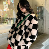 Women Faux Fur Teddy Basic Jackets Plaid Checkerboard Outerwear Coats Female Overcoat Winter Coat Womens Fashion