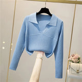 Knitted Sweaters Women Retro Turndown-Collar Long Sleeve Slim Basic Tops Winter Casual Bodycon Short
