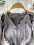Female Sexy Party Knitted Dress Long Sleeve V Neck Slim Midi Long Dress 2022 Winter Fashion Solid Split Sweater