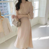 Toloer Luxury Wind Design Sense V Collar Receive Waist Show Thin Dress Female Summer New Foreign Style Pure Color In The Long Chiffon Skirt-Outfit