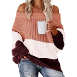 Toloer And Winter Women's One Word Collar Loose Splicing Color Knit Jumper Sweater