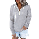 Toloer New Casual Home Wear Women's Zipper Hooded Bag Solid Color Waffg Long Sleeve Hoodie-Outfit
