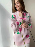 Neck Rose Sweater 2024 Autumn Winter New Female Versatile Loose Color Rose Round Neck Sweater-Outfit