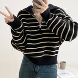 Version Lapel Striped Head Sweater Female Qiu Dong New Loose Long Sleeve Versatile Fashion Short Jacket Female-Outfit