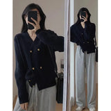 Toloer And Winter French Retro Black V-Neck Sweater Girl Languid Retro Knitted Jacket