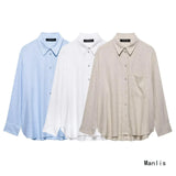 Spring New Women's Pocket Flax Simple Long Sleeve Clip Shirt