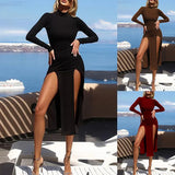 Toloer Spot 2023 Autumn Solid Color Sexy Slim Double Slit Half High Collar Long Sleeve Pit Dress-Outfit
