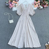 dot holiday casual wide leg jumpsuits V Neck Puff Sleeve Waist Elastic Rompers loose beach long