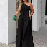 Toloer Women's 2023 Summer Diagonal Collar Irregular Off-Shoulder High-Waist Bag Wide Leg Pants Casual