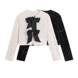Winter New Women's Wear Temperament Light Ripe Sequins Bow Knot Short Style Coat-Outfit