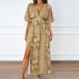 Summer New Sexy V-Neck Short-Sleeved Print Waist Dress Women's