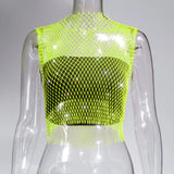 Toloer Nightclub Dresses Fishnet Hollow Out Rhinestone Vest Mesh Flash Diamond Sling Top