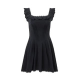 Toloer Women's Summer Hot Style Black Sexy Long Skirt Wood Ear Square Collar Hot Girl Show Thin Sling A Word Dress-Outfit