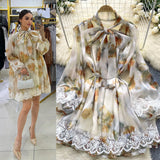 Dress Women's Neckline Bow Tie With Lantern Sleeve Lace Splicing Bright Face Chiffon Skirt Skirt