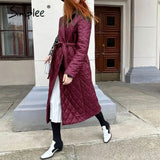 Simplee Cotton padded long winter coat female Casual pocket sash women parkas High street tailored collar stylish overcoat