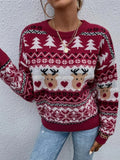 Santa Trees Elk Print O-Neck Red Christmas