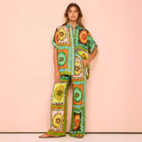 Women's Clothing 2026 New Fashion Print Tight Waist Pocket Wide Leg Pants Casual Suit Women's