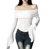 Toloer Summer Women's Solid Color Slim Fashion Temperament A Word Collar Sexy Back Long-Sleeved T-Shirt-Outfit