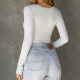 Breathable Solid Color U-Collar Slim And Slim Long-Sleeved Leisure T-Shirt 2024 Fashion New Style-Outfit