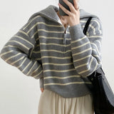 Version Lapel Striped Head Sweater Female Qiu Dong New Loose Long Sleeve Versatile Fashion Short Jacket Female-Outfit