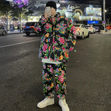 Northeast Big Flower Coat Suit Male Winter Lovers Large Size Cotton-Padded Clothes Pants China-Fashion Retro Coat Peony Flower Net Red Cotton Clothes-Outfit