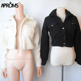 Aproms Fashion Black Pockets Buttons Jackets Women Long Sleeve Slim Crop Top Winter Coat Cool Girls Streetwear Short Jacket