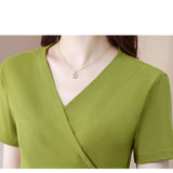 Color Summer Women's Clothing Shirring Pullover Button V-Neck Short Sleeve Asymmetrical T-shirt Casual Elegant Tops-Outfit