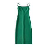 Summer New Hot Girl Sexy Fashion Flat Mouth Word Shoulder Solid Color Slim Forked Dress Woman-Outfit