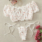 White Strawberry Print Mesh Off Shoulder Lingerie Set-Outfit