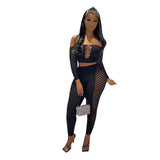 Women's Clothing 2025 Mesh Perspective Hollow Diamond Wrap Bra Long Sleeve Trousers Casual
