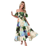 Summer New Temperament Elegant Print Shoulder Holiday Style Sexy Loose Dress