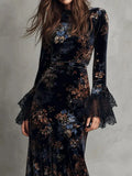 Blue Retro Print Temperament Slimming Velvet Cheongsam Dress Dress Autumn And Winter Long